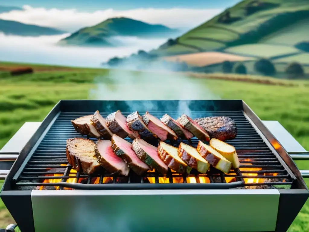 Una parrilla uruguaya con cortes éticos en un prado verde vibrante bajo el sol, reflejando la Revolución ética parrilla uruguaya