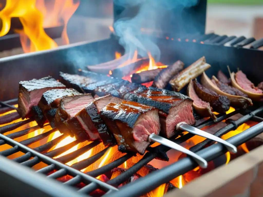 Una parrilla uruguaya con cortes premium asados a la perfección al atardecer