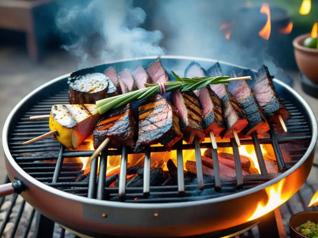 Una parrilla uruguaya detallada con cortes de carne jugosa y vegetales, evocando técnicas avanzadas de asado uruguayo