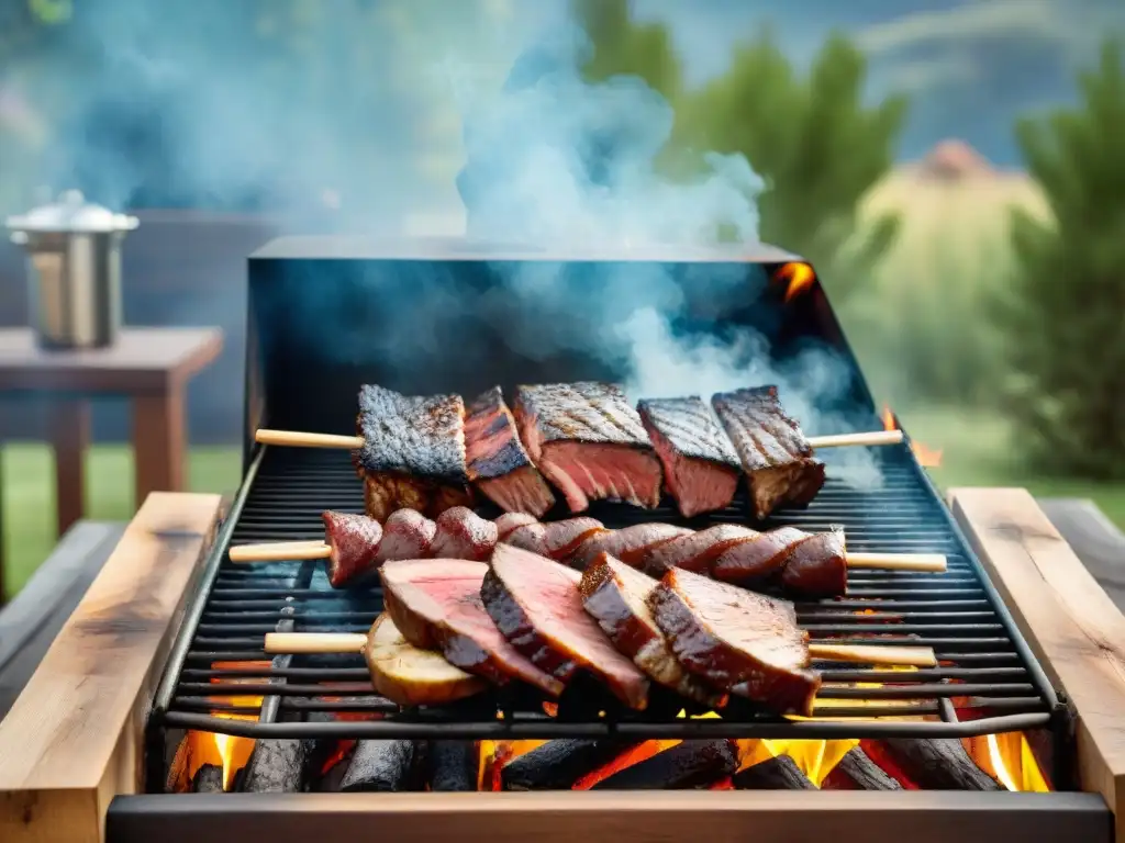 Una parrilla uruguaya familiar cocinando deliciosas carnes al aire libre, rodeada de naturaleza