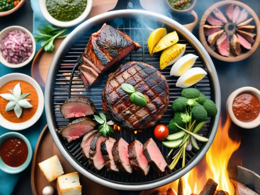 Una parrilla uruguaya con influencias internacionales: carnes suculentas, chimichurri, vinos y especias, rodeada de diversidad cultural