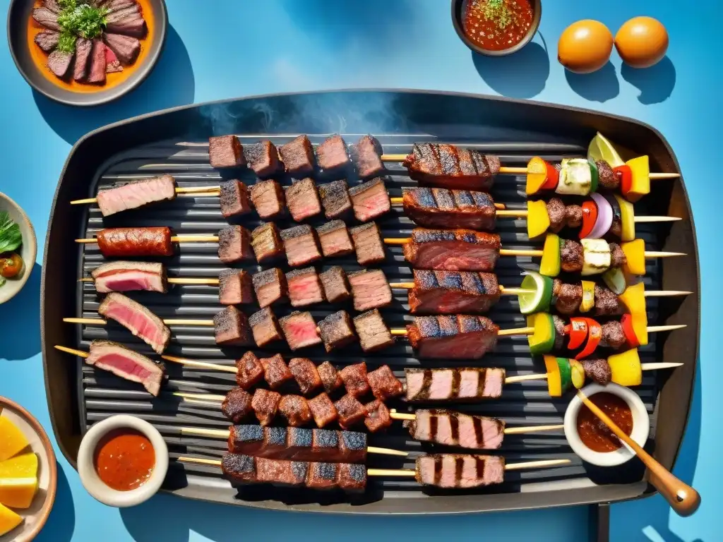 Una parrilla uruguaya con ingredientes exóticos sizzling sobre las brasas