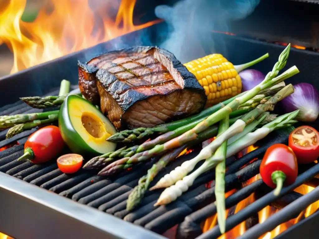 Una parrilla uruguaya llena de vegetales de estación para asado, con colores vibrantes y aroma tentador al atardecer