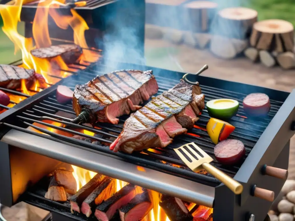 Una parrilla uruguaya con los mejores cortes para asado, en un escenario campestre con gauchos