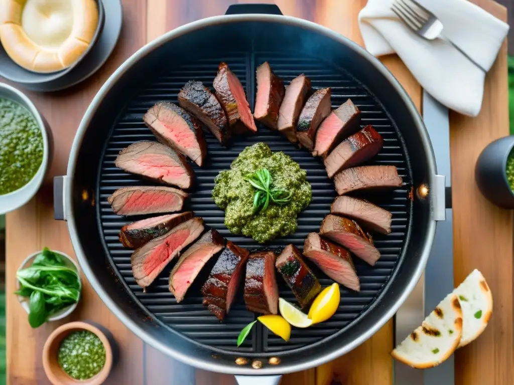 Una parrilla uruguaya con los mejores cortes de carne asado, acompañados de chimichurri y pan rústico en una mesa de madera