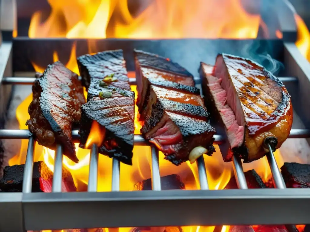 Una parrilla uruguaya con los mejores cortes asado uruguayo recomendados, creando una escena tentadora con las llamas danzantes