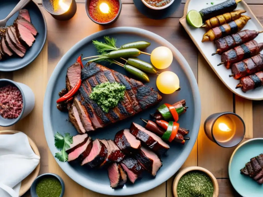 Una parrilla uruguaya repleta de carnes sizzling, chimichurri y vino Tannat, en un ambiente rústico