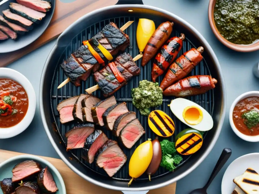 Una parrilla uruguaya repleta de cortes de carne, chimichurri y vegetales a la parrilla