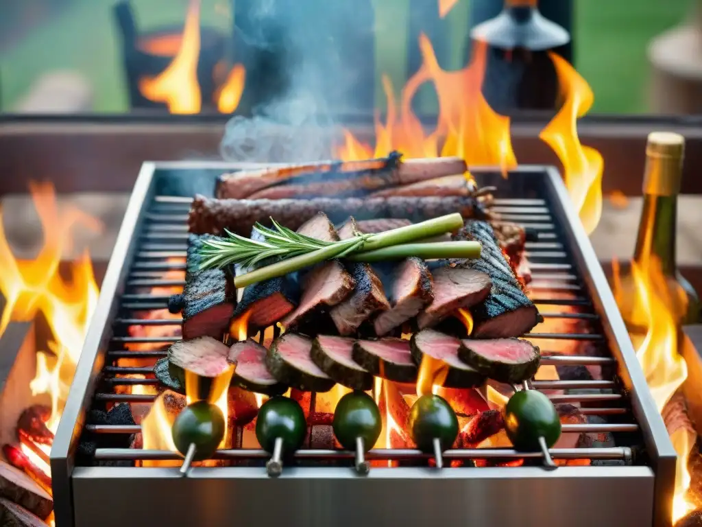 Una parrilla uruguaya repleta de cortes de carne orgánica, acompañada de vinos orgánicos para asado uruguayo en un ambiente rústico y acogedor