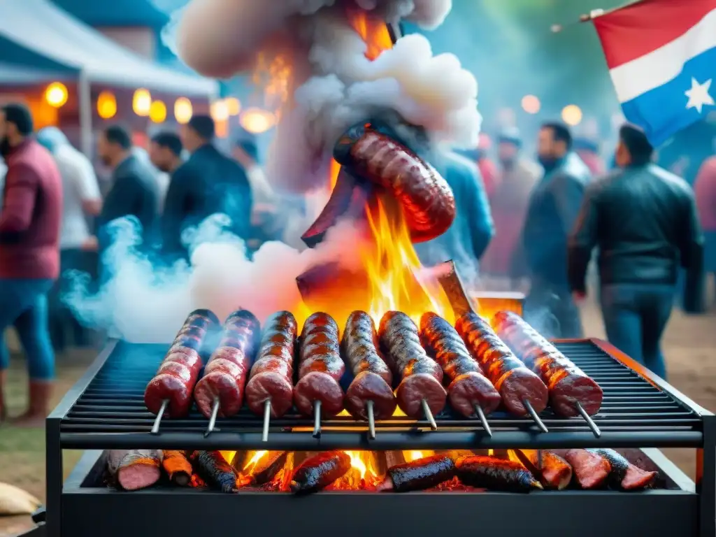 Una parrilla uruguaya repleta de cortes de carne rodeada de gente en un festival de asado uruguayo