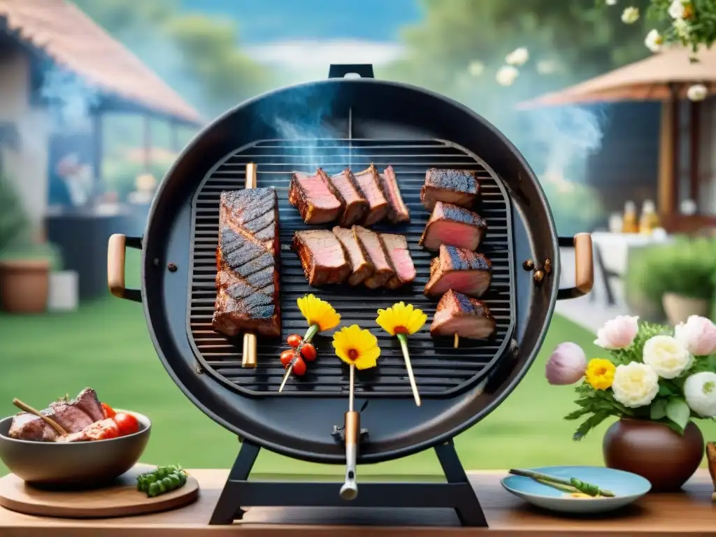 Una parrilla uruguaya rodeada de naturaleza exuberante y amigos felices, capturando la esencia del asado estacional