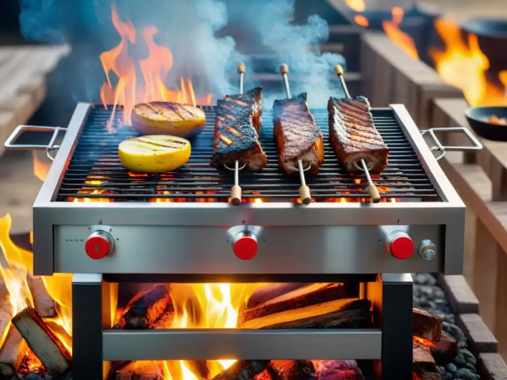 Una parrilla uruguaya con tecnología avanzada asando carne a la perfección al aire libre