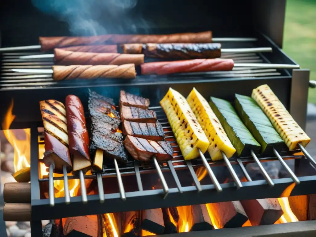 Una parrilla uruguaya con tipos de madera para asado bajo la cálida luz solar