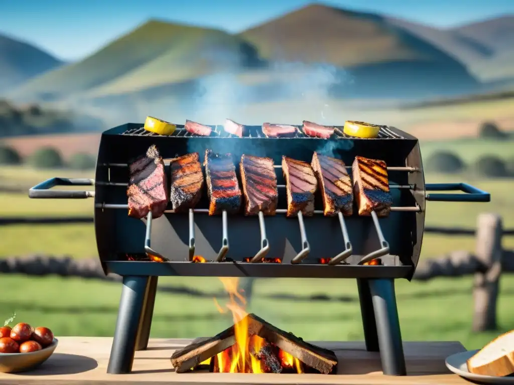 Una parrilla uruguaya tradicional con Aguja asada, chimichurri y vino Tannat, en un paisaje campestre