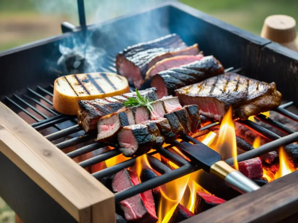 Una parrilla uruguaya tradicional al aire libre con cortes de carne sizzling sobre brasas, acompañada de chimichurri y vino Tannat