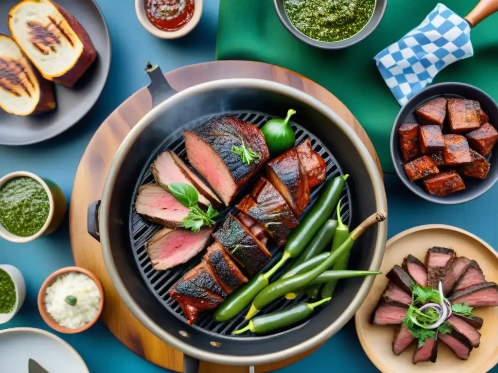 Una parrilla uruguaya tradicional con amigos, carne a la parrilla y chimichurri, en el campo