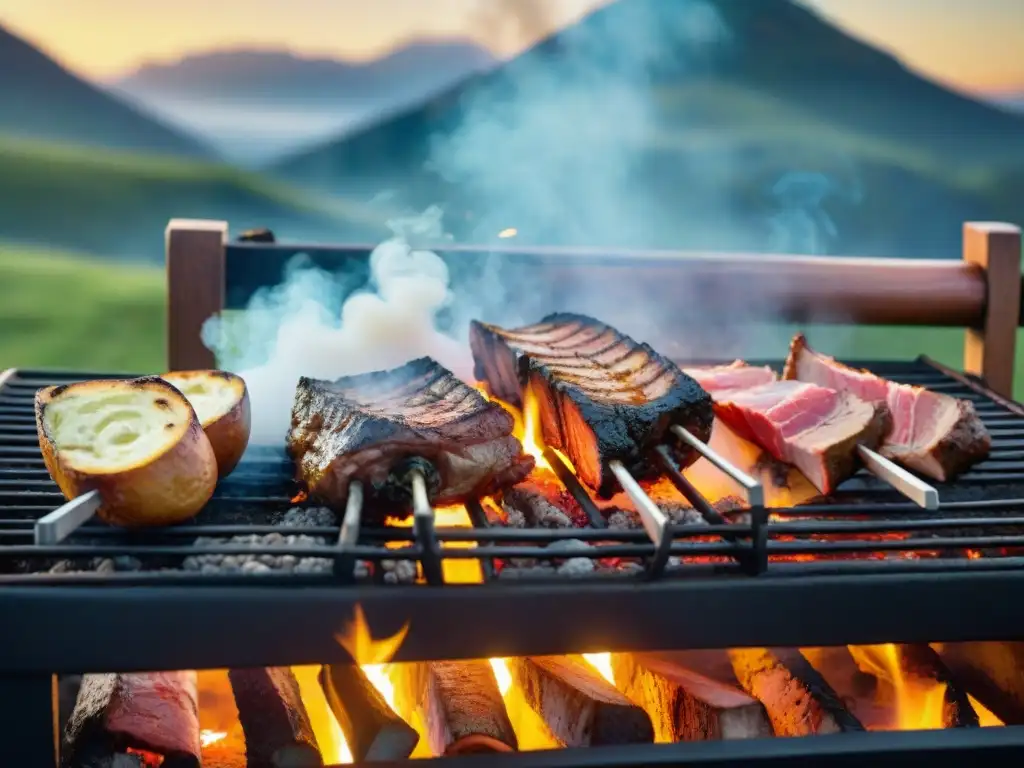 Una parrilla uruguaya tradicional, amigos y familia disfrutando de un asado festivo con ventajas del carbón en asado