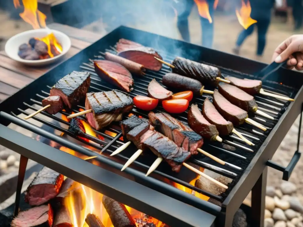 Una parrilla uruguaya tradicional con amigos disfrutando, reflejando la innovación en la parrillada uruguaya