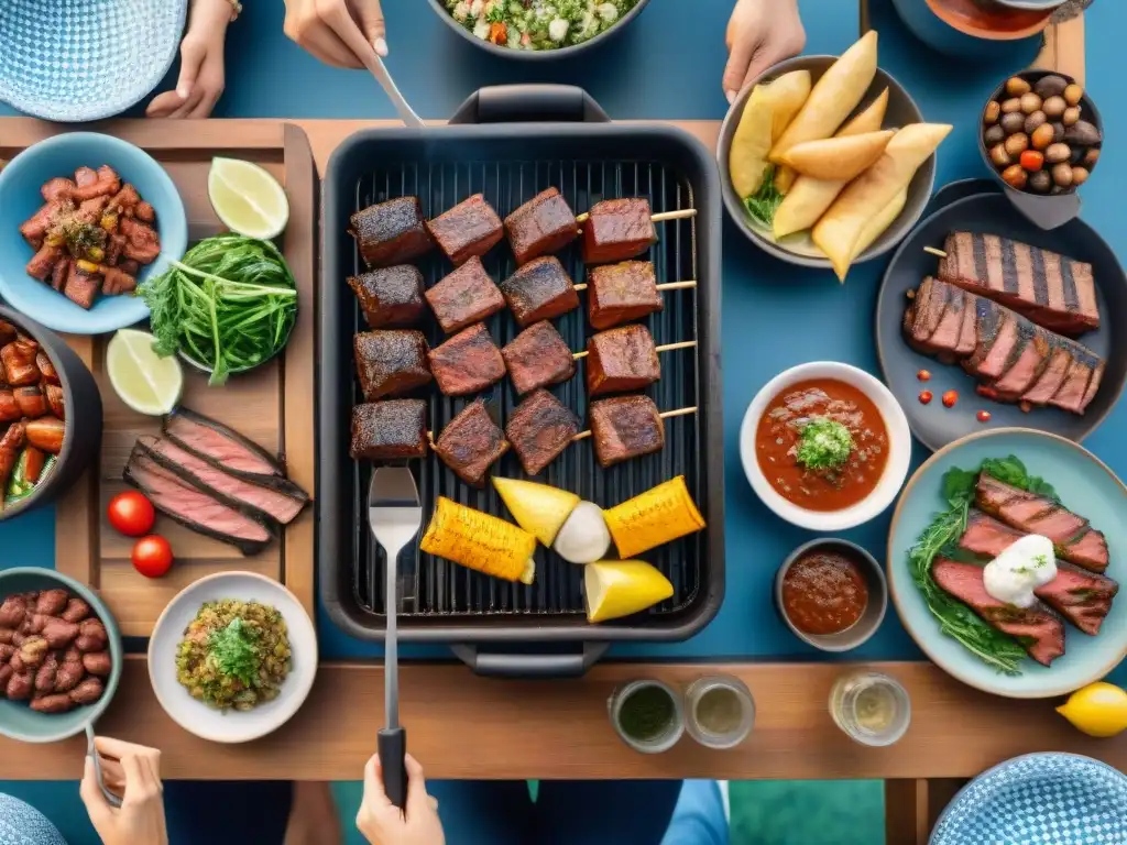 Una parrilla uruguaya tradicional con amigos y familia disfrutando de una deliciosa comida al aire libre