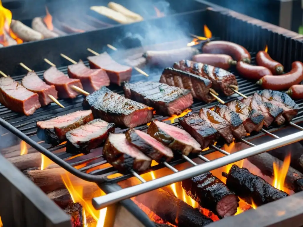 Una parrilla uruguaya tradicional con asado de tira, vacío y chorizos cocinando a la perfección sobre brasas calientes