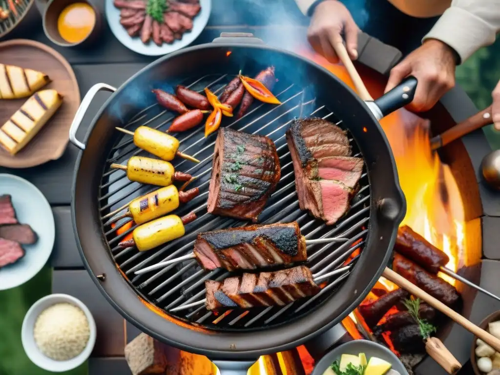 Una parrilla uruguaya tradicional con asado de tira, vacío y chorizo, rodeada de brasas y utensilios rústicos