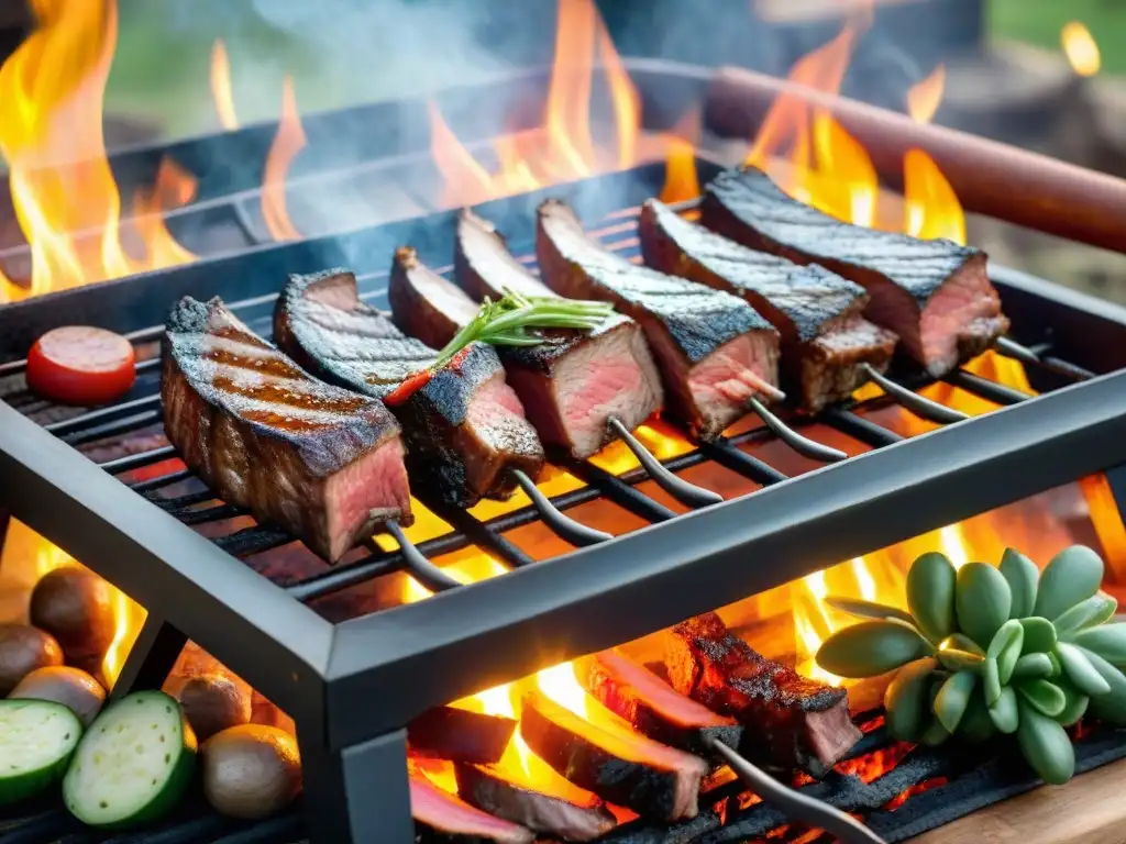 Una parrilla uruguaya tradicional con asado, vacío y chorizo, rodeada de gauchos y chimichurri