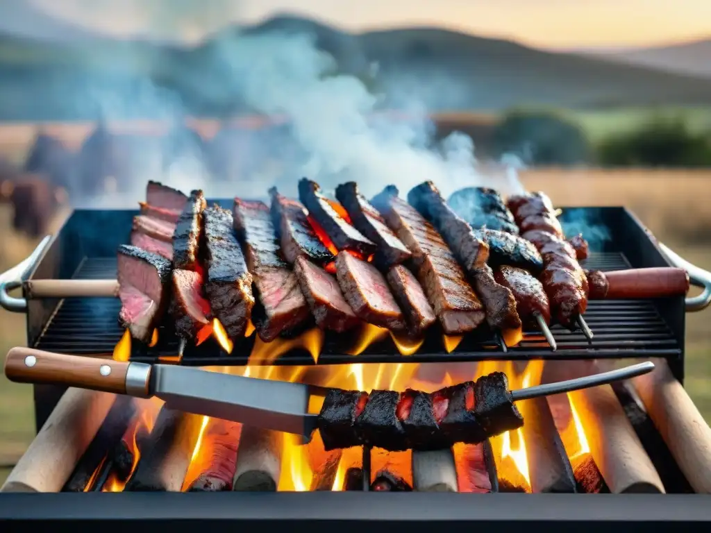 Delicioso asado uruguayo en parrilla campestre Una parrilla uruguaya tradicional con asado perfectamente cocido y gauchos en un paisaje rural