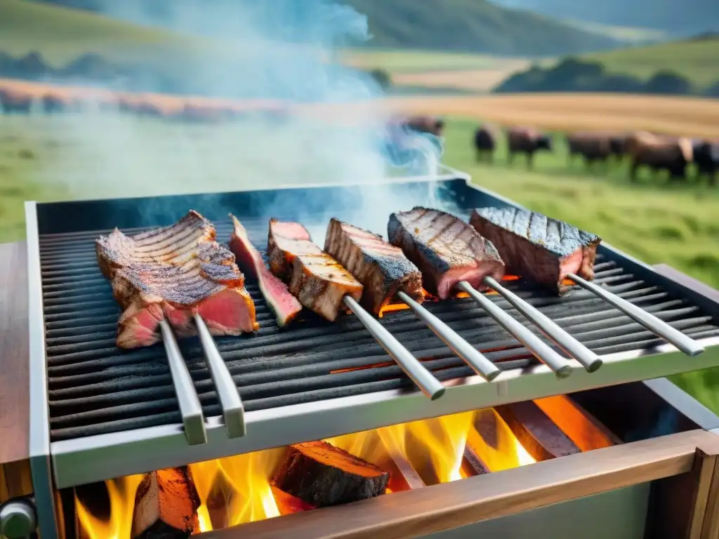 Una parrilla uruguaya tradicional en el campo, con carne asándose y paisaje rural al fondo