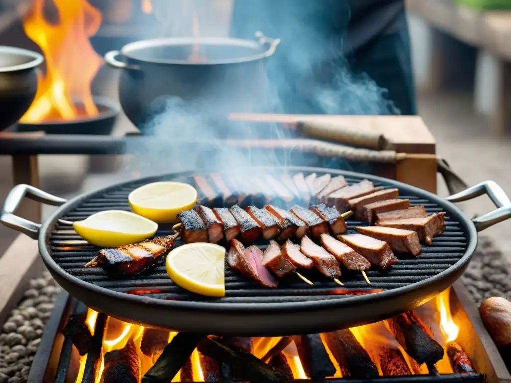 Una parrilla uruguaya tradicional cargada de chinchulines chisporroteantes, reflejando la preparación tradicional de chinchulín asado