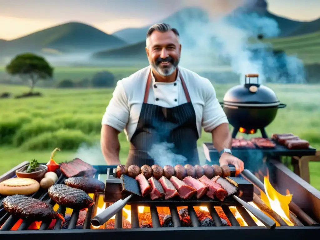 Una parrilla uruguaya tradicional cargada de cortes de carne sizzling rodeada de brasas y paisaje campestre