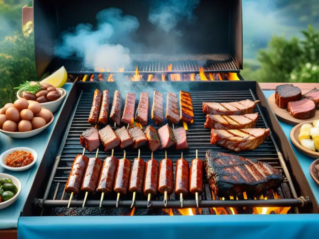 Una parrilla uruguaya tradicional cargada de carnes premium asadas, en un entorno rústico al aire libre