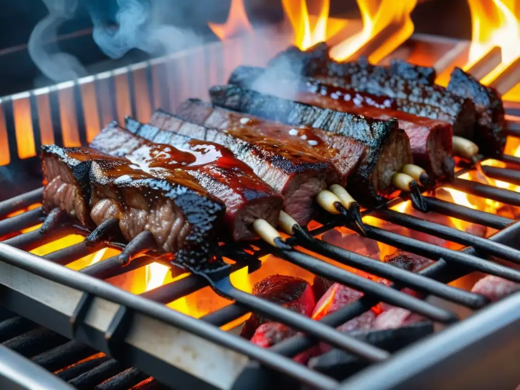 Una parrilla uruguaya tradicional cargada de cortes premium de carne, chorizos, morcillas y mollejas, rodeada de brasas y humo