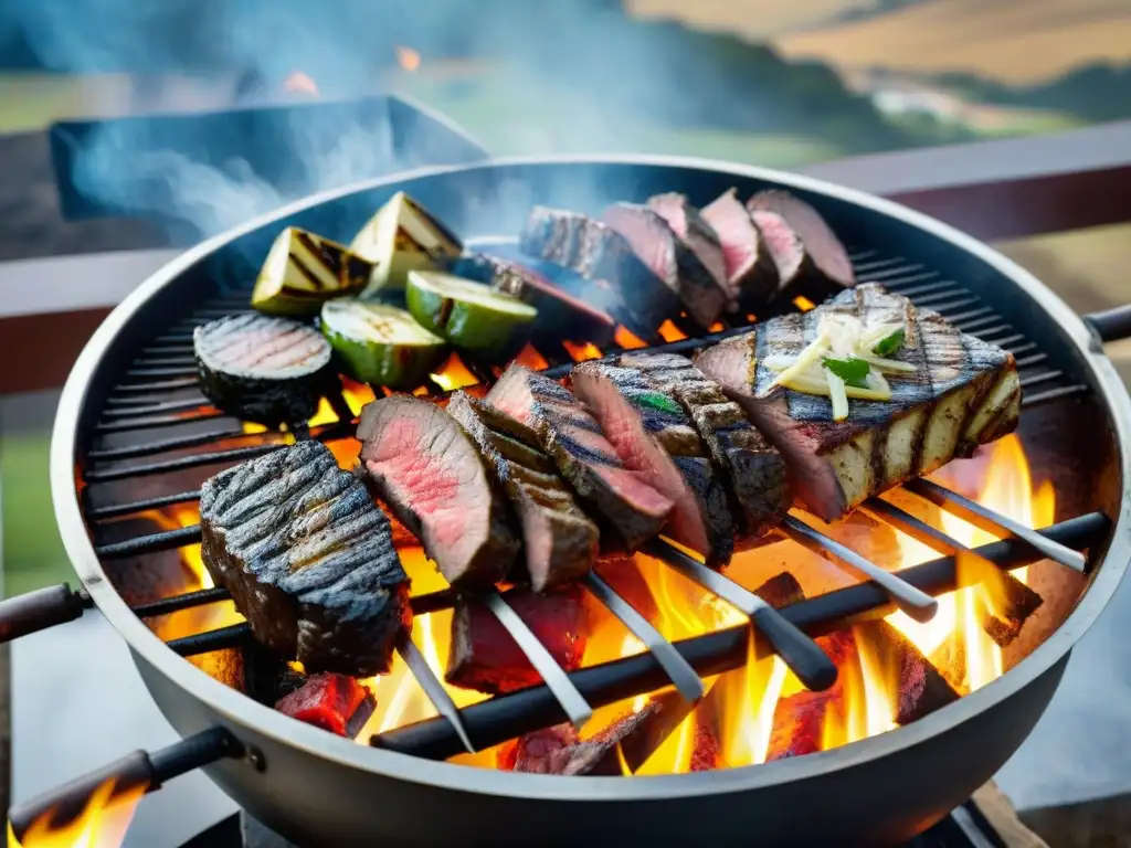 Una parrilla uruguaya tradicional cargada de carnes suculentas sobre brasas, en un escenario campestre pintoresco