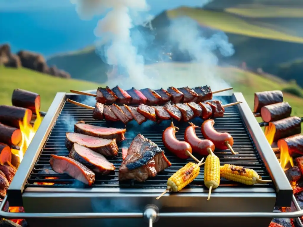 Una parrilla uruguaya tradicional cargada de cortes de carne, embutidos y verduras, con gauchos en el campo