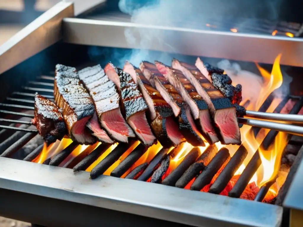 Una parrilla uruguaya tradicional cargada de carnes sizzling rodeada de brasas y humo, asada por un hábil asador en un entorno campestre