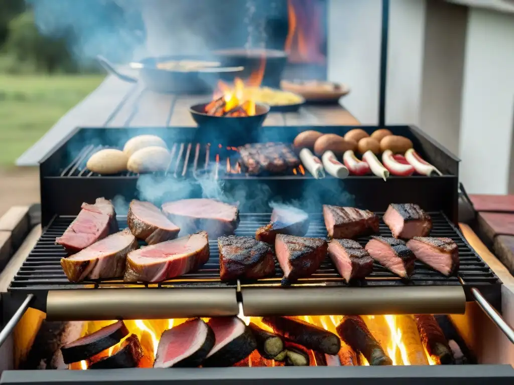 Una parrilla uruguaya tradicional cargada de cortes de carne ahumados, resaltando la técnica de ahumado en cortes uruguayos