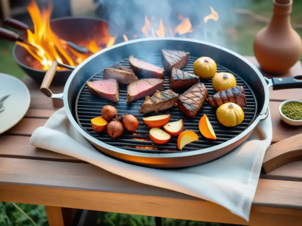 Una parrilla uruguaya tradicional cargada de carne sizzling