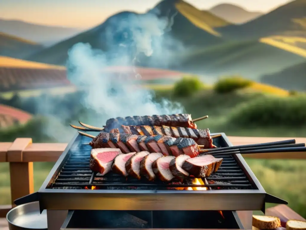 Una parrilla uruguaya tradicional cargada de suculentas carnes asadas, rodeada de un escenario campestre al atardecer