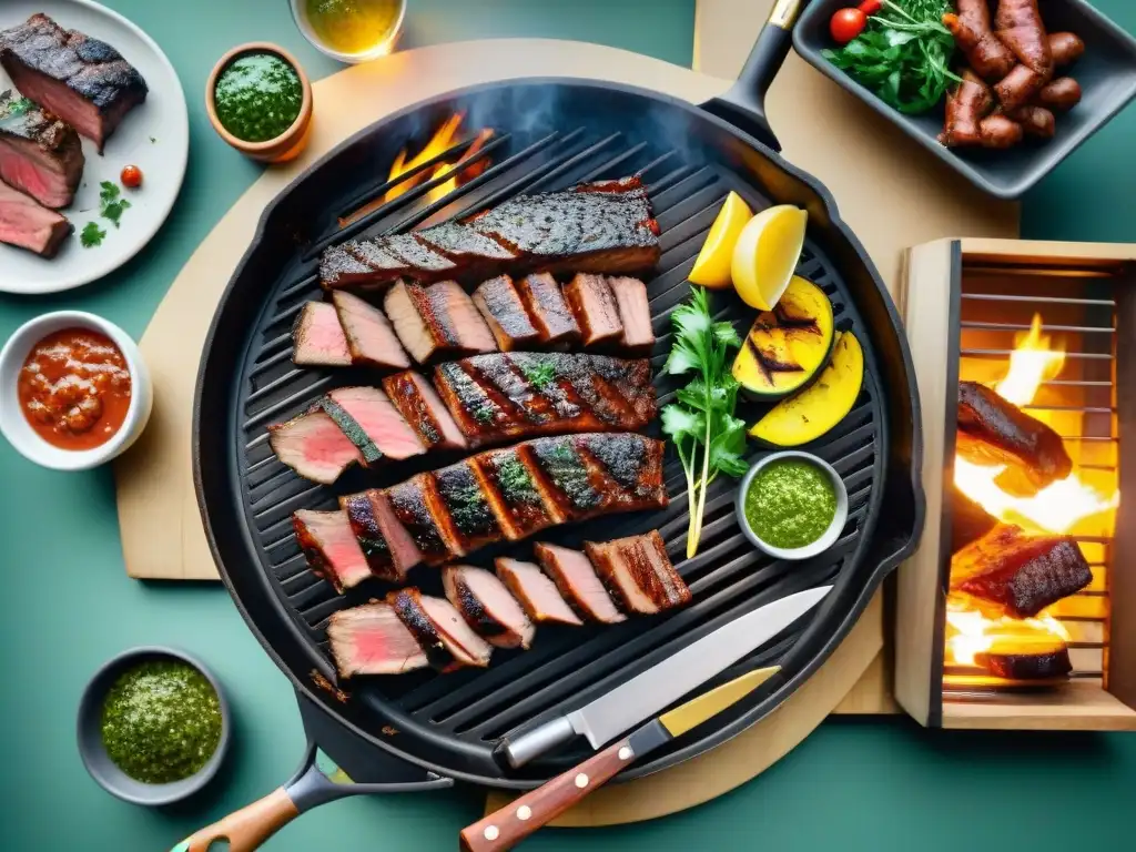 Una parrilla uruguaya tradicional cargada de cortes premium sizzling, chimichurri y vegetales a la parrilla en un patio moderno