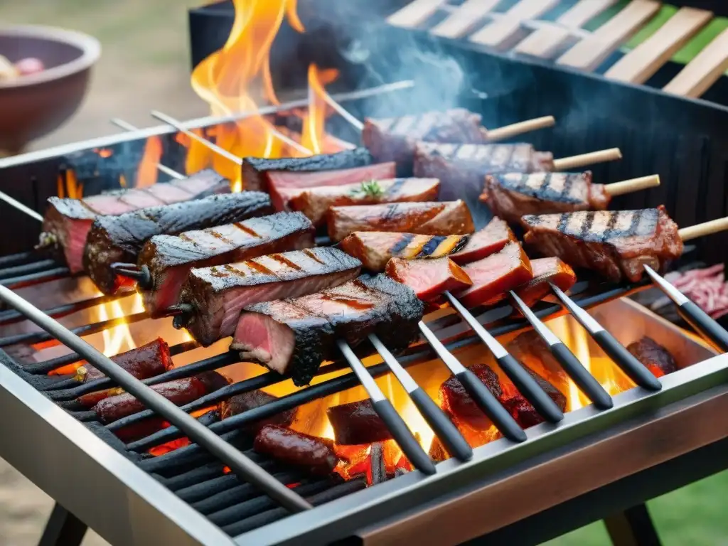 Una parrilla uruguaya tradicional cargada de deliciosas carnes, amigos reunidos alrededor, creando una atmósfera cálida y acogedora