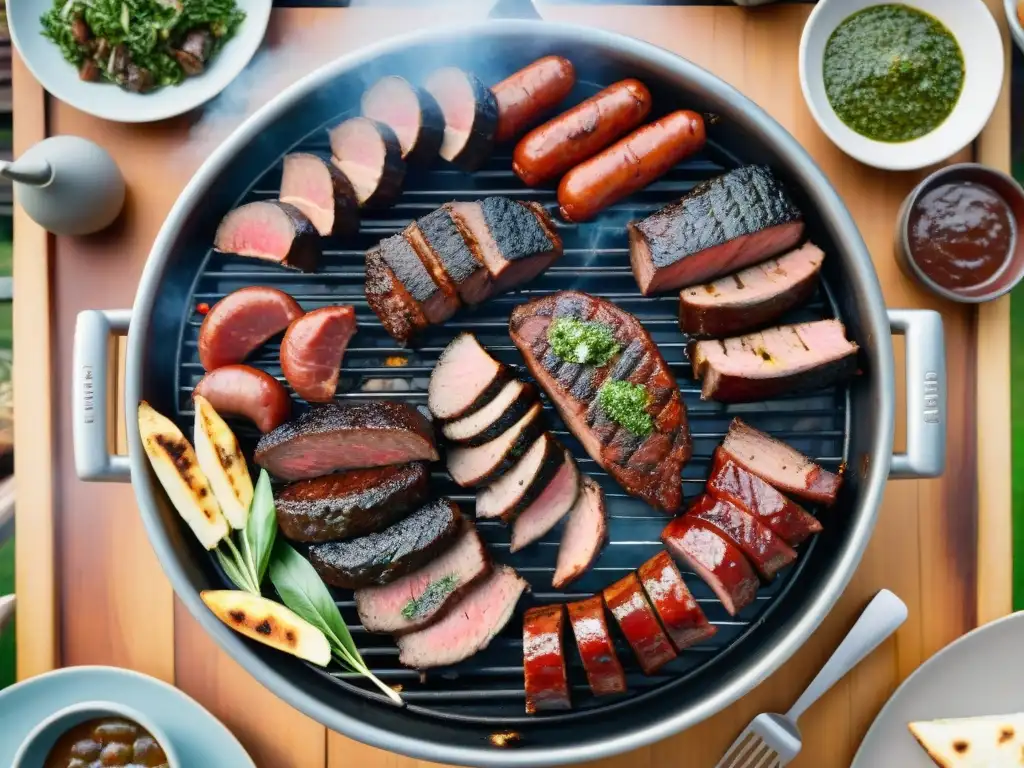 Una parrilla uruguaya tradicional cargada con cortes de carne, chorizos y morcillas sobre brasas, rodeada de chimichurri y sangría