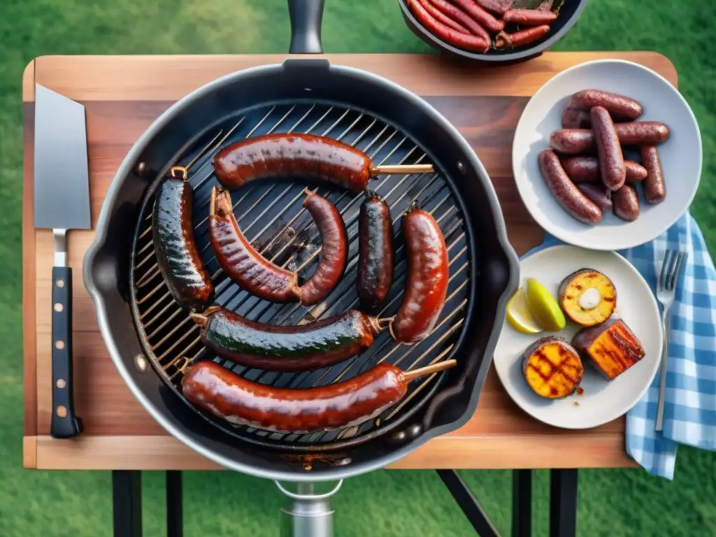 Una parrilla uruguaya tradicional cargada con chorizos, costillas y utensilios para asado uruguayo, en un ambiente festivo al aire libre