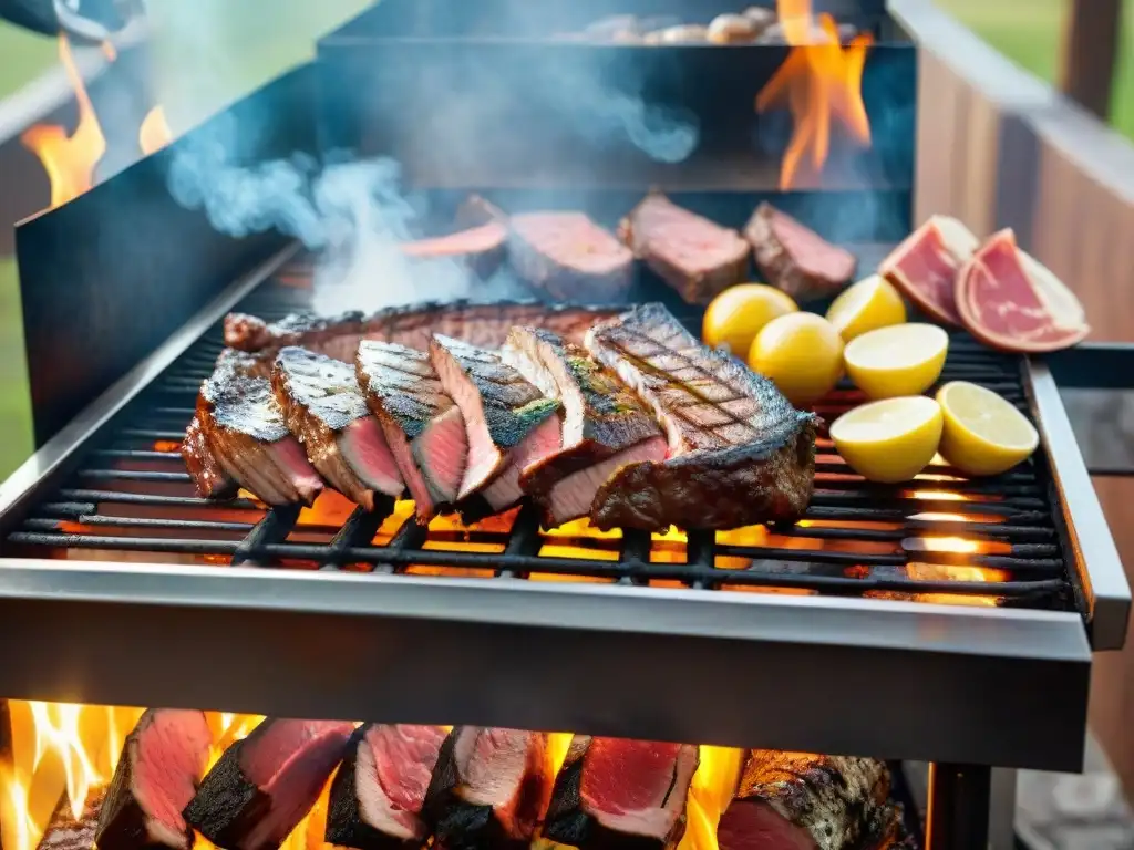 Una parrilla uruguaya tradicional cargada de cortes premium de carne, cocinándose a la perfección sobre brasas ardientes al aire libre al atardecer