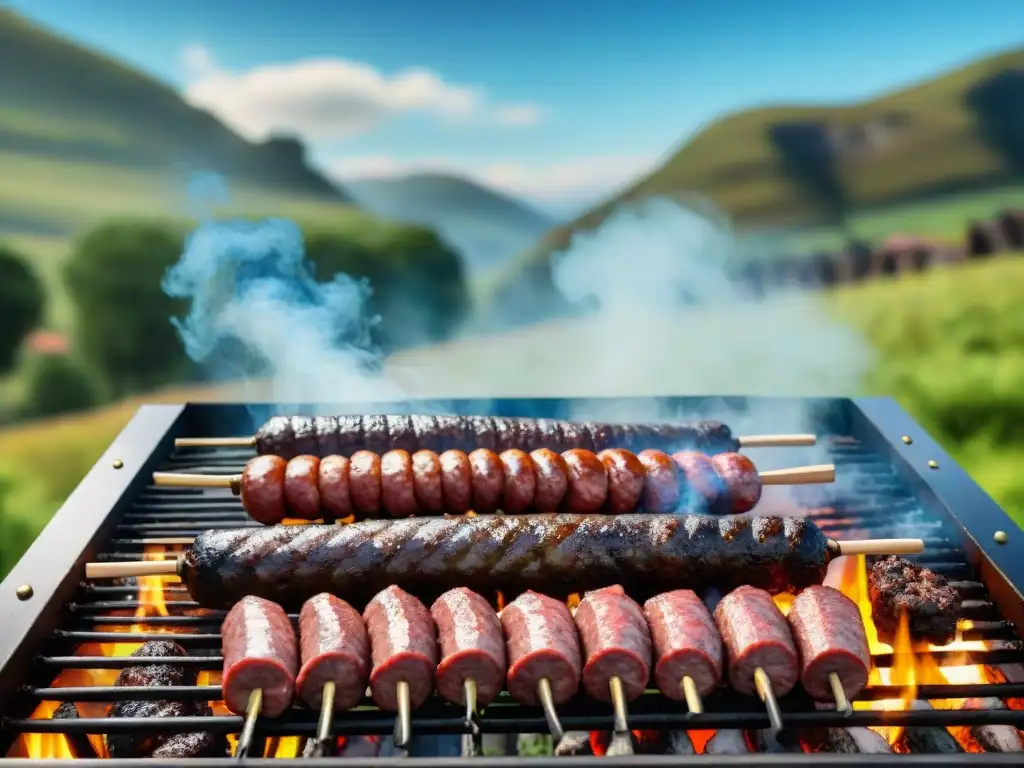 Una parrilla uruguaya tradicional cargada de carnes premium a la parrilla en un entorno campestre