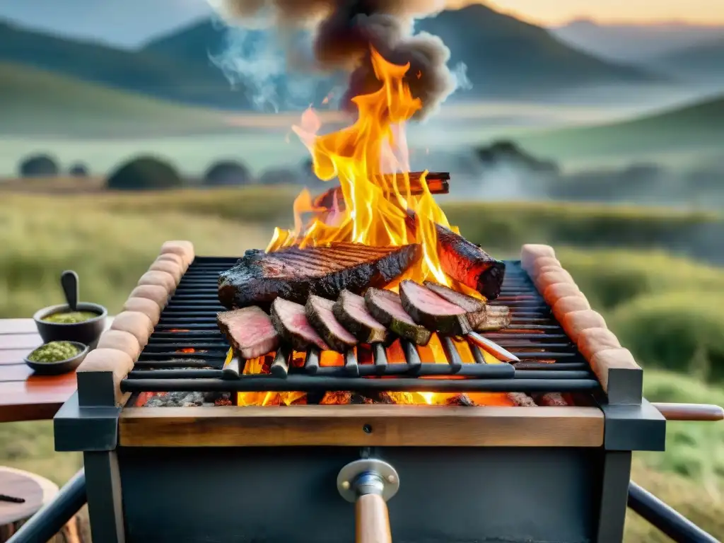 Una parrilla uruguaya tradicional cargada con cortes premium, accesorios de asado y un paisaje campestre sereno