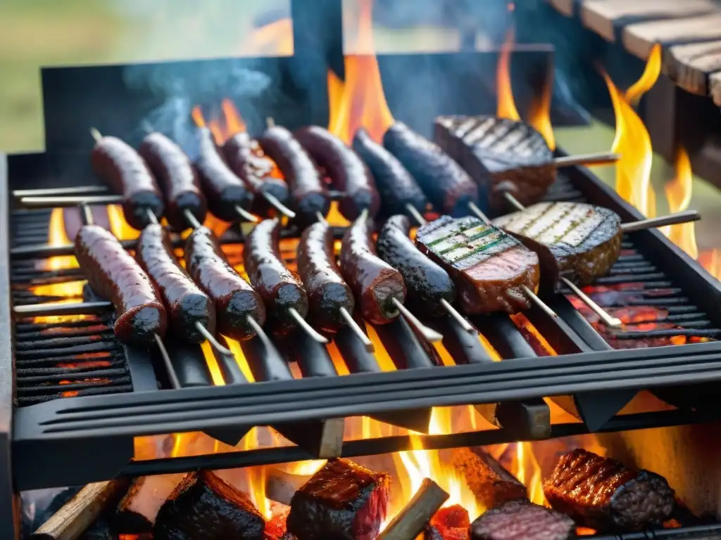 Una parrilla uruguaya tradicional cargada de cortes de carne, chorizos, morcilla y provoleta, mientras gauchos cocinan en el campo