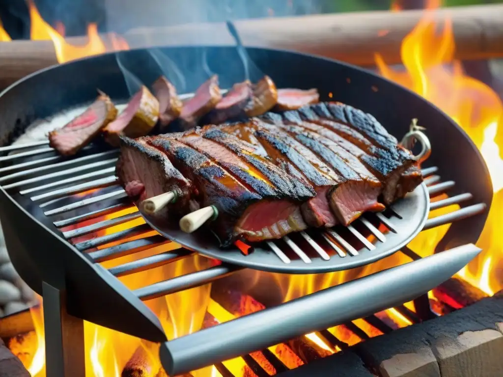 Una parrilla uruguaya tradicional con carne sizzling sobre brasas brillantes, rodeada de exuberante vegetación