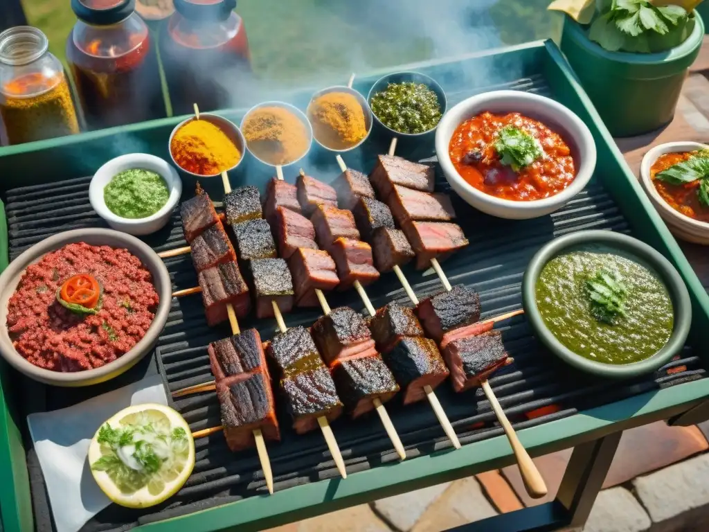 Una parrilla uruguaya tradicional con carnes y salsas vibrantes para asado uruguayo