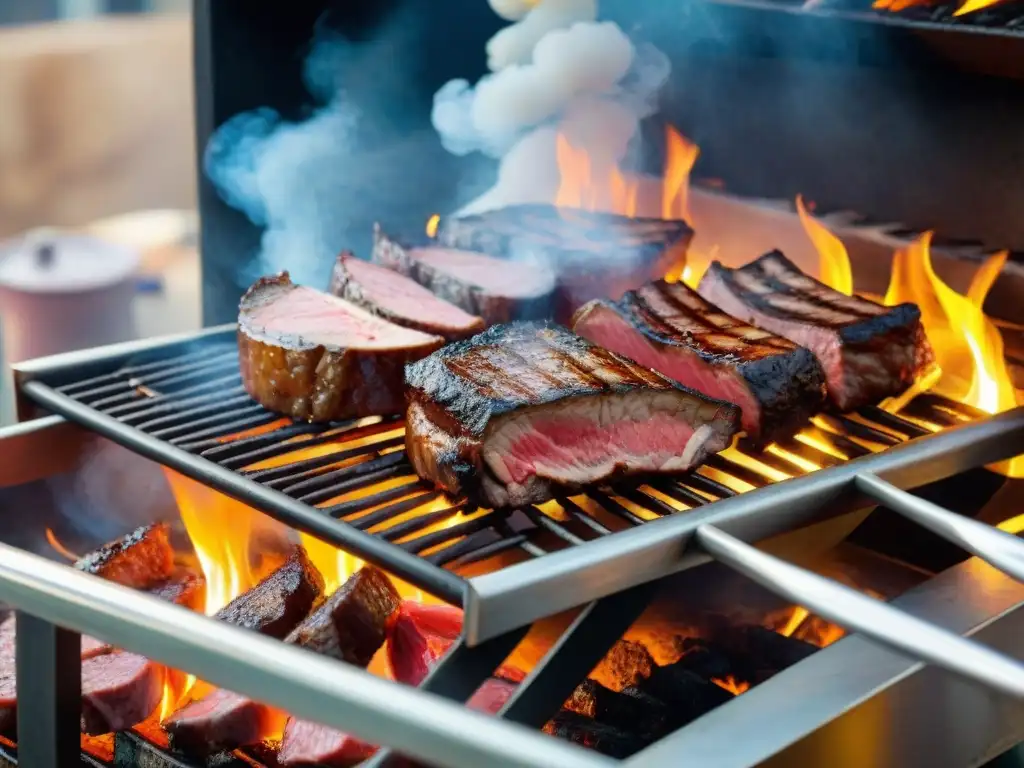 Una parrilla uruguaya tradicional con carnes asadas a la perfección por un chef gaucho, destacando técnicas de asado uruguayas