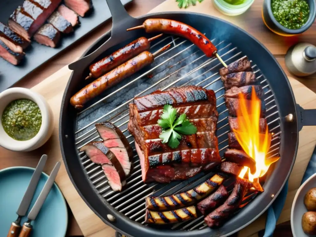 Una parrilla uruguaya tradicional con carnes sizzling y acompañamientos, capturando la esencia de un asado auténtico